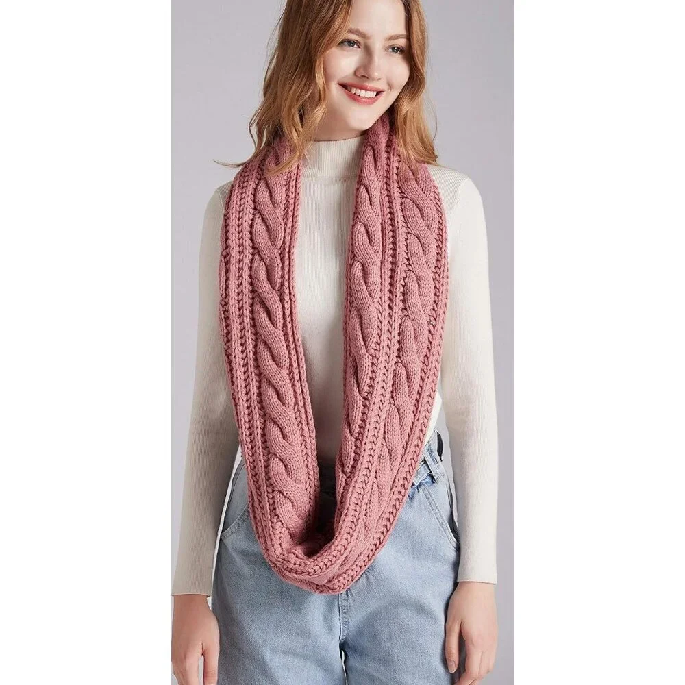 Women's Twist Pink Thick Ribbed Knit Winter Infinity Circle Loop Scarf
